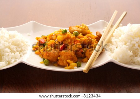 Thai peanut chicken curry with rice. chinese food. Indian curries and rice dishes