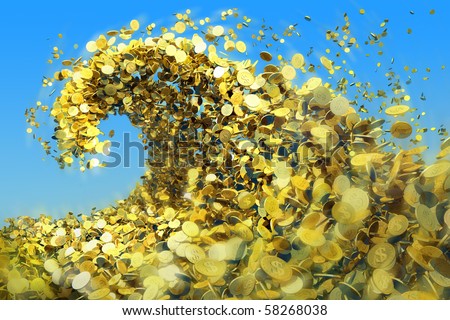 As a huge tsunami wave of gold coins symbolize success and good profits
