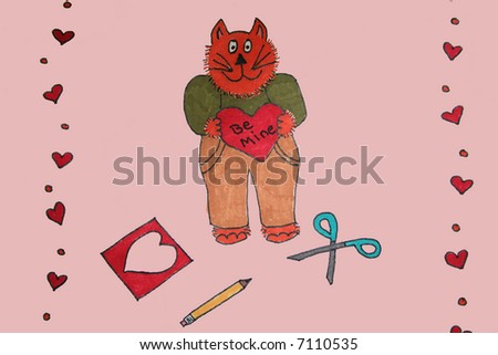 illustration of orange cat with be mine heart craft on pink background.