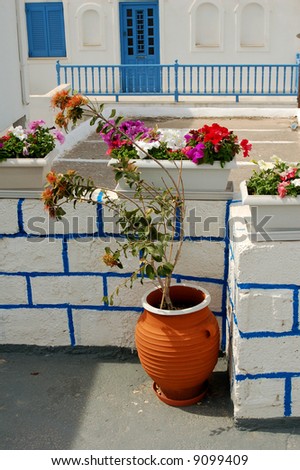 A pretty Greek home with planters and a colorful door and shutters.