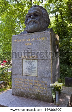 LONDON, UK -Â?Â? JULY 6, 2013: Tomb and Statue of Philosopher Karl Marx, marking his resting place in Highgate Cemetery, London.