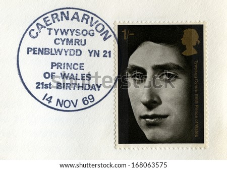 UNITED KINGDOM - CIRCA 1969: Used vintage Postal Stamp celebrating the 21st Birthday of the Prince of Wales, circa 1969.