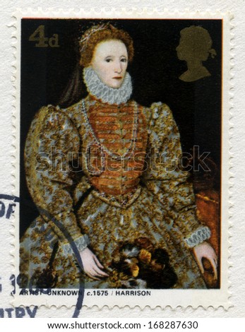 UNITED KINGDOM - CIRCA 1968: A used British postage stamp featuring a portrait of Queen Elizabeth 1st, circa 1968.