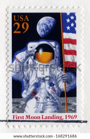 UNITED STATES, CIRCA 1994: A US Postal Stamp celebrating the 25th Anniversary of the First Moon Landing, circa 1994.
