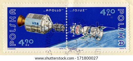 POLAND - CIRCA 1975: Vintage Polish Postage Stamps celebrating the Soyuz Space Mission.  It was the first joint USÃ?Â?Ã?Â�Soviet space flight, circa 1975.