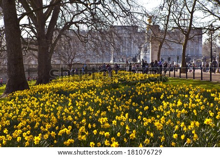 The beautiful view of Buckingham Palace from St. James\'s Park in Spring.