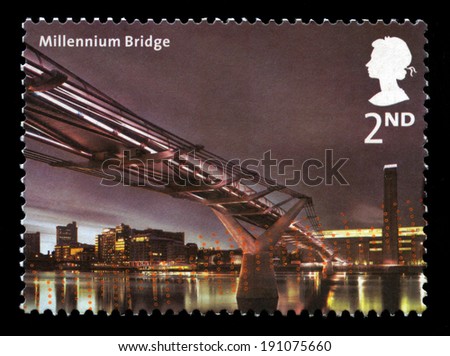 UNITED KINGDOM - 2002: A Postage Stamp from the UK containing an image of the Millennium Bridge in London, circa 2002.