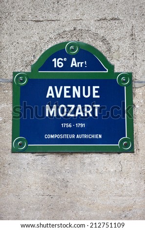 A street sign for Avenue Mozart in Paris, named after famous Austrian Composer Wolfgang Amadeus Mozart.
