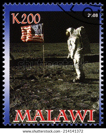 MALAWI - CIRCA 2008: A used postage stamp from Malawi commemorating the Apollo 11 Moon Landing, circa 2008.