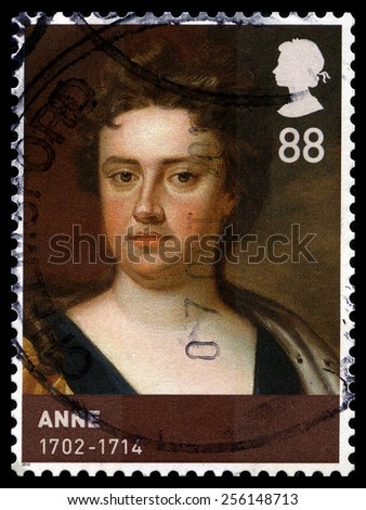 UNITED KINGDOM - CIRCA 2010: A used British postage stamp, depicting a portrait of Queen Anne, circa 2010.