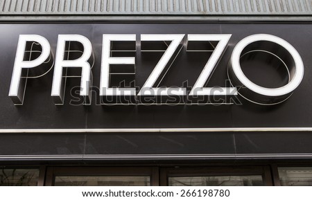 LONDON, UK - APRIL 1ST 2015: A sign for a Prezzo Restaurant in London on 1st April 2015.  Prezzo are a group of Italian Restaurants and have over 150 of them accross Great Britain.