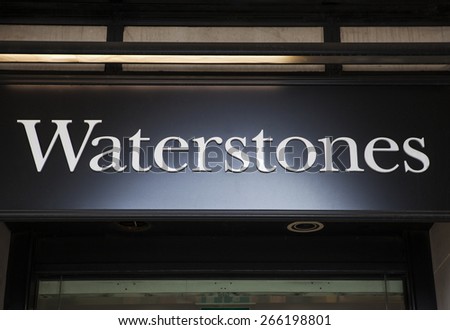 LONDON, UK - APRIL 1ST 2015: A sign for the British book retailer Waterstones in central London on 1st April 2015.