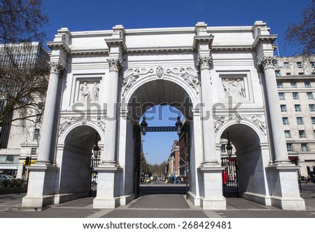 LONDON, UK - APRIL 7TH 2015: A view of the magnificent Marble Arch in London on 7th April 2015.