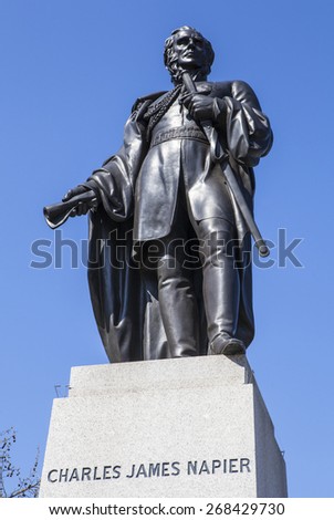 LONDON, UK - APRIL 7TH 2015: A statue of Charles James Napier, a former General in the British Army, situated in Trafalgar Square in London on 7th April 2015.