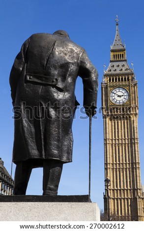 A statue of Britains most iconic Prime Minister Sir Winston Churchill, looking towards the Houses of Parliament in London.