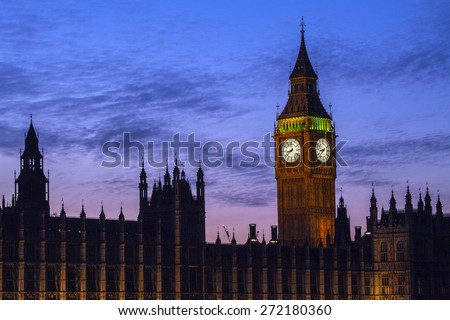 LONDON, UK - APRIL 20TH 2015: A beautiful dusk-time view of the Houses of Parliament in London on 20th April 2015.