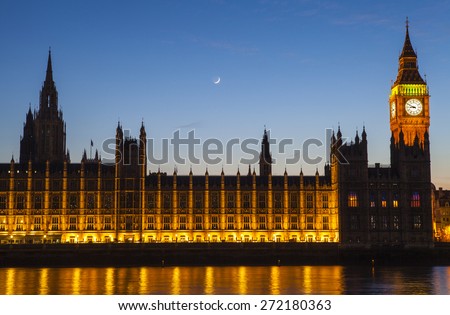 LONDON, UK - APRIL 20TH 2015: A dusk-time view of the Houses of Parliament in London on 20th April 2015.
