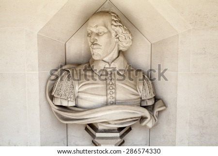 A sculpture of famous playwright William Shakespeare situated outside Guildhall Art Gallery in London.