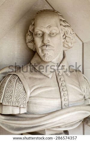 A sculpture of famous playwright William Shakespeare situated outside Guildhall Art Gallery in London.