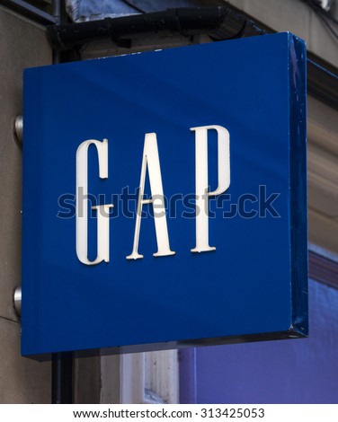 YORK, UK - AUGUST 26TH 2015: The sign for the \'GAP\' store in York on 26th August 2015.  Founded in 1967, GAP is a multinational clothing and accessories retailer.