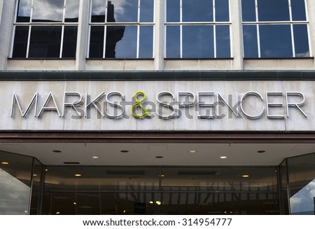 YORK, UK - AUGUST 25TH 2015: The sign for a Marks and Spencer retail store in York city centre, on 25th August 2015.