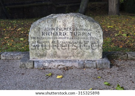 YORK, UK - AUGUST 25TH 2015: The Grave of notorious Highwayman Dick Turpin in York, on 25th August 2015.