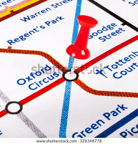 LONDON, UK - OCTOBER 16TH 2015: A map pin marking the location of Oxford Circus Underground Station on a London Tube Map, on 16th October 2015.