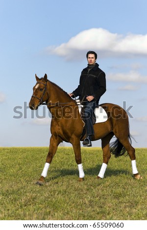 Young man riding a horse in the fields by the countryside