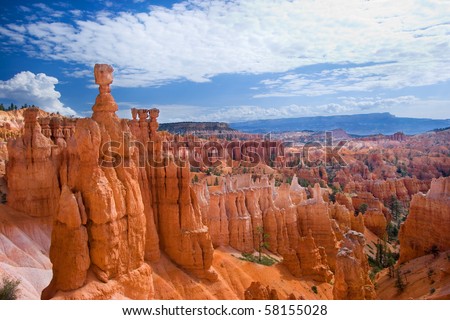 Great spires carved away by erosion in Bryce Canyon National Park, Utah, USA.  The largest spire is called Thor\'s Hammer.