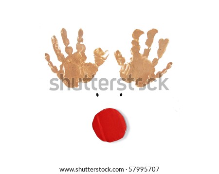red nosed reindeer made using hand prints and a red cardboard nose on a white background