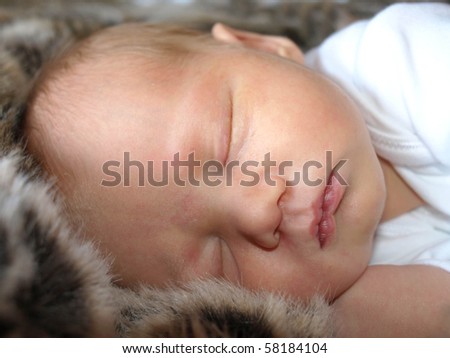a tiny baby asleep on a fur blanket