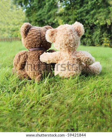 Two teddy bears in love sitting on grass