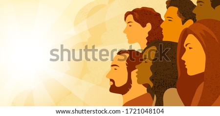 Vector illustration of multinational group of people - men and women looking into the distance. Concept of hope, concern about changing of the climate and planning of future.