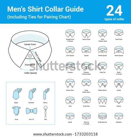 Vector set of line icon of men's shirt collar guide. Includes different collar types and models such as mandarin, one piece, banded. Detailed diagram of collar. Tie models matching to shirts. Foto d'archivio © 