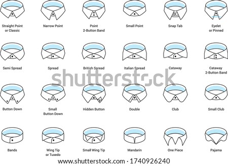 Vector line icon set of men's shirt collar styles, editable strokes. Illustration for style guide of formal male dress code for menswear store. Different collar models: tuxedo, spread, button down. Сток-фото © 