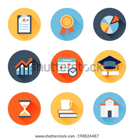 Vector set of flat icons education, exam, graduation and quality assurance