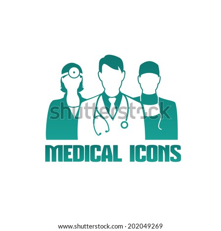 Vector medical icon or logo with 3 different doctors as therapist, surgeon and otolaryngologist, monochrome