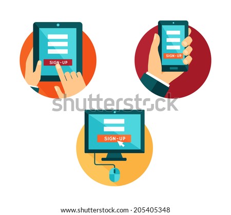 Vector set of flat icons computer, smartphone and tablet with sign-up button