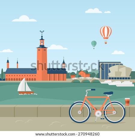 Flat illustration of seaside promenade in Stockholm, Sweden.View of the Town Hall. In the foreground a bicycle and a cup of coffee  