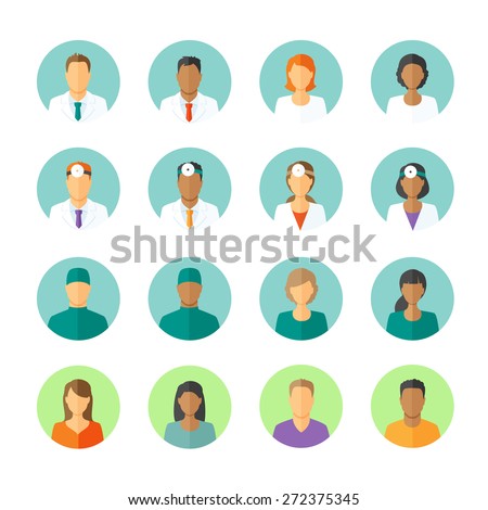 Set of round avatars different medical stuff like general doctor, therapist, surgeon and otolaryngologist. Also icons of patients for medical forum