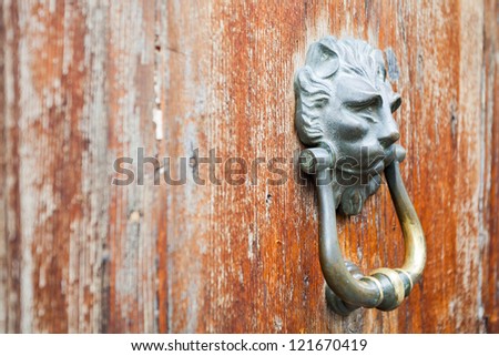 old bronze lion head shaped door handle on shabby urban door