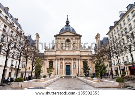 PARIS, FRANCE - MARCH 8: Sorbonne square. Name is derived from College de Sorbonne, founded in 1257 by Robert de Sorbon as one of the first colleges of medieval University in Paris on March 8,2013
