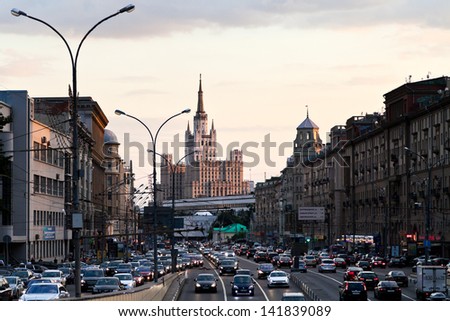 MOSCOW, RUSSIA - JUNE 6: Garden Ring Street in Moscow, Russia in evening on June 6, 2013. Circular avenue around central Moscow along old rampart surrounded Zemlyanoy Gorod in 17th century
