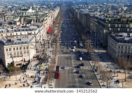 PARIS, FRANCE - MARCH 4: above view of Avenues des Champs Elysees. The avenue runs for 1.91 km from Place de la Concorde in the east, to Place Charles de Gaulle in Paris, France on March 4, 2013