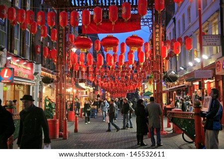 LONDON - JANUARY 20: China Town is decorated by Chinese lanterns during Chinese New Year in London, UK on January 20, 2009. London ChinaTown was established in 1880th of Chinese sailors and traders
