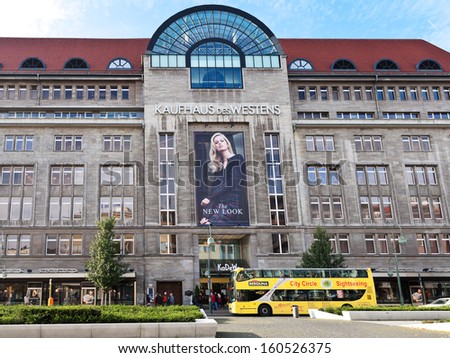 BERLIN, GERMANY - OCTOBER 19: Main entrance along Tauentzienstrasse in Kaufhaus des westens department store in Berlin, Germany on October 19, 2013. KaDeWe is second-largest department store in Europe
