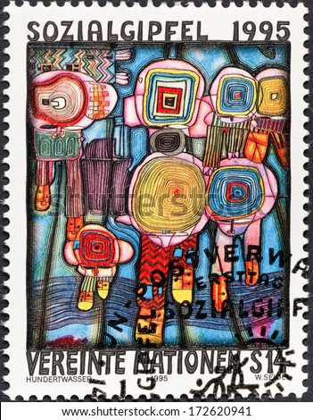 UNITED NATIONS - CIRCA 1995: A postage stamp printed by United Nations organisation for European Summit for Social Development shows Hundertwasser painting Human Rights, circa 1995