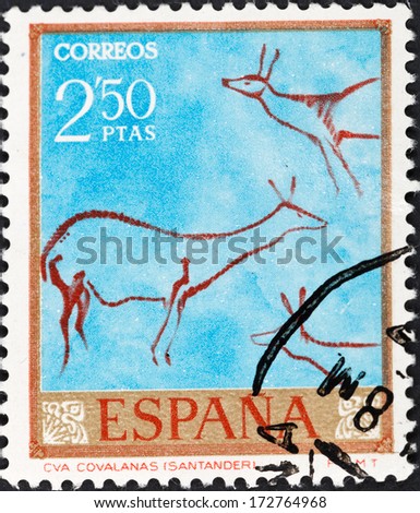 SPAIN - CIRCA 1967: A postage stamp printed in the Spain rock paintings in the Covalanas caves of Spain, circa 1967