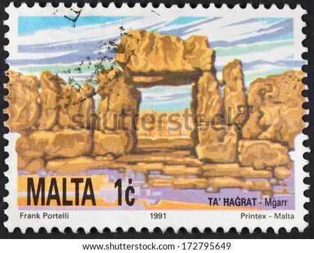 MALTA - CIRCA 1991: A postage stamp printed in the Malta shows Megalithic Ta Hagrat Temple in Mgarr, circa 1991