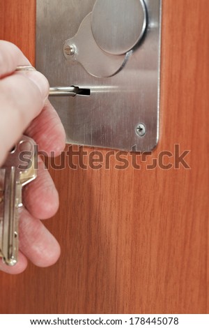 closing home door by bunch of keys close up